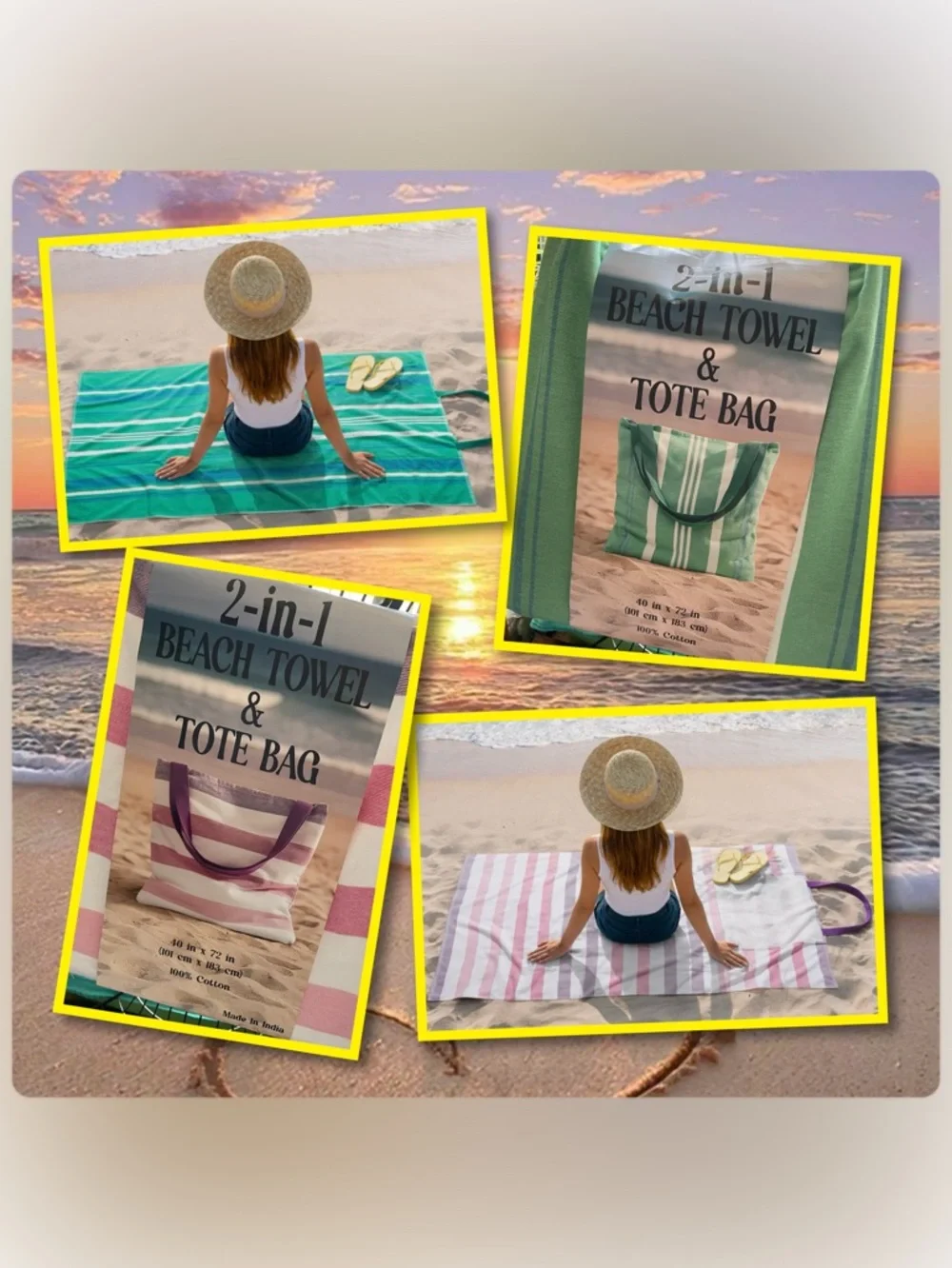 2-in-1 Beach Towel & Tote Bag - Striped Green and Pink Options